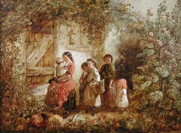 Girls Carrying Infants And Approaching The Door Of A Day School, In A Cottage Garden Setting With Roses by Charles Baxter