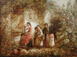Girls Carrying Infants And Approaching The Door Of A Day School, In A Cottage Garden Setting With Roses