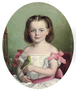 Portrait Of Mary Ann Maitland-wilson Of Greystone Towers, In A White Dress With Red Ribbons, Holding Her Budgerigar