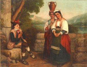 Two Women And A Musician On A Mediterranean Terrace by Charles Baxter