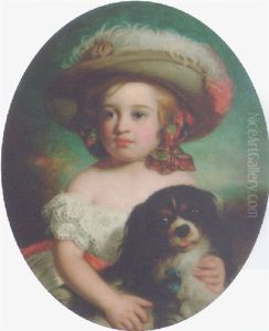 Portrait Of A Young Girl, In A White Dress And A Plumed Hat, With A Spaniel