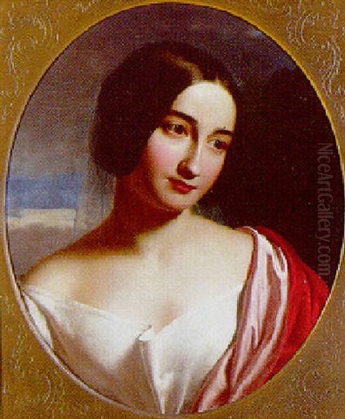 Portrait Of A Lady In A White Dress And Red Wrap - view 1