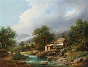 Romantische Gebirgslandschaft Mit Bauernhaus by Anton Bayer