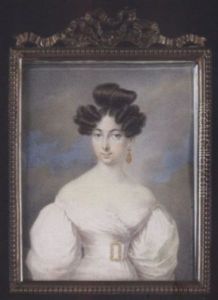 A Young Lady Wearing Decollete White Dress, The Waistband With Gold Buckle And Drop Gold Earrings, Her Hair In Loops And Ringlets