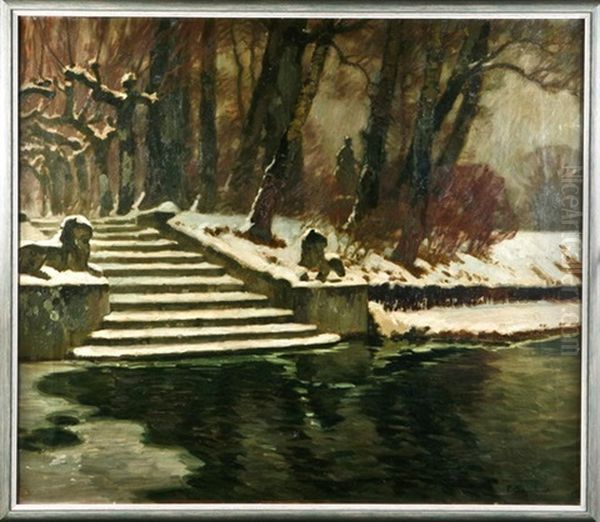 Verschneite Parklandschaft, Gewasser Und Treppenaufgang - view 1