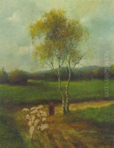 Hirte Mit Schafherde by Fritz Bayerlein