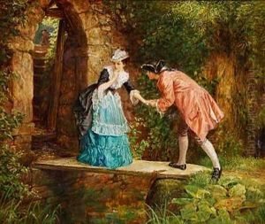 Kurtiserende Par. Den Galante Ungersvend Hjaelper Den Unge Dame Over En Smal Bro by Alfred Walter Bayes
