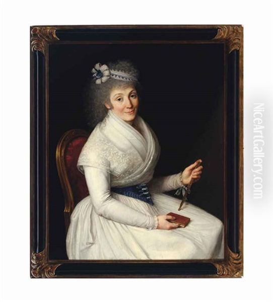 Portrait Of A Lady, Seated Three-quarter Length, Wearing A White Dress With Lace Trim, A Blue And White Ribbon In Her Hair Holding A Fan And A Book - view 1