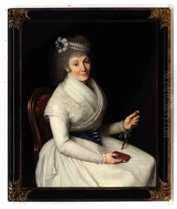 Portrait Of A Lady, Wearing A White Dress With Lace Trim, A Blue And White Ribbon In Her Hair Holding A Fan And A Book by Francisco Bayeu Y Subias