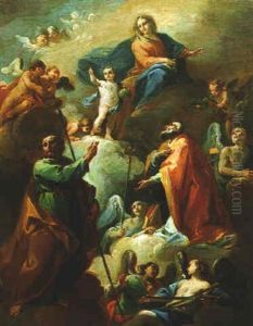 The Virgin And Child In Glory With A Bishop Saint, Saint Thomas Holding A Spear And Putti In Adoration by Francisco Bayeu Y Subias
