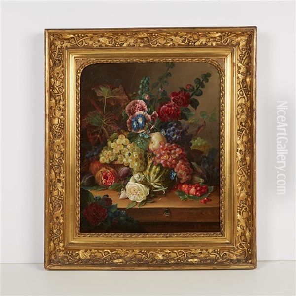 Still Life Of Flowers And Fruit On A Ledge - view 1