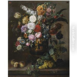 A Still Life Of Roses, Peonies, Carnations, Tulips And Other Flowers In A Classical Vase, Together With Grapes On The Vine And Peaches, All On A Stone Ledge A Still Life Of Roses, Peonies, Carnations, Tulips And Other Flowers In A Classical Vase, Together With Grapes On The Vine And Peaches, All On A Stone Ledge