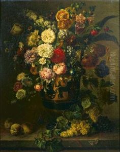 Bouquet Fleurs Dans Un Vase Grec A Figures Noires Sur Un Entablement