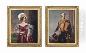 Portrait Of Elizabeth Surtees, Nee Cookson, Three-quarter-length...; Portrait Of Henry Edward Surtees Of Redworth (1819-1895), Standing... (pair) by Charles-Louis Bazin