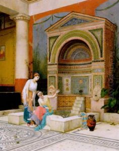 Pompeijanisches Atrium Mit Fischen Futternden Frauen Pompeijanisches Atrium Mit Fischen Futternden Frauen
