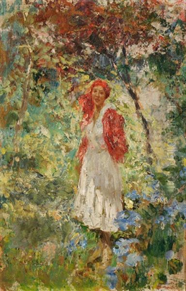 Dame Mit Rotem Kopftuch Unter Baum - view 1
