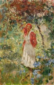 Dame Mit Rotem Kopftuch Unter Baum