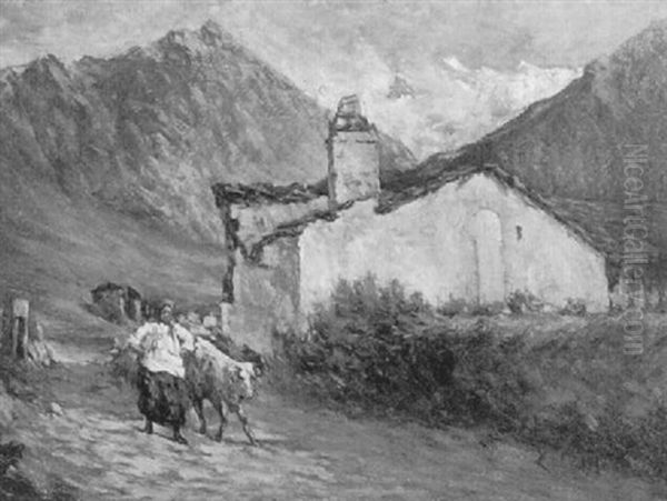 Magd Mit Kalb Vor Bauernhaus Im Gebirge - view 1