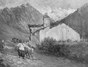 Magd Mit Kalb Vor Bauernhaus Im Gebirge by Leonardo Bazzaro