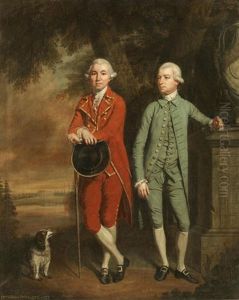 Portrait Of Edmund Pytts And His Brother Samuel Standing By A Commemorative Urn In Parkland With A Spaniel, A View Of Kyre House Beyond by Thomas Beach