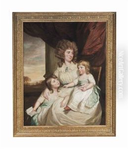 Portrait Of Mrs. Helyar Junior, Three-quarter-length, In A White Dress, With Her Two Children Harriet And Henry, Before A Draped Column, A Landscape Beyond