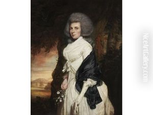 Portrait Of Anne Henrietta Penruddocke, Three-quarter-length, In A White Silk Dress, Standing Before A Landscape by Thomas Beach