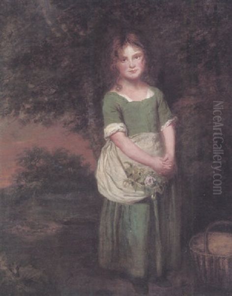 Portrait Of A Young Girl Standing In A Landscape, Wearing A Green Dress, Holding Roses In Her Apron - view 1