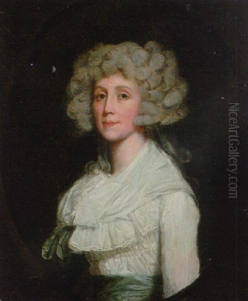 Portrait Of A Lady In A White Dress And Green Sash by Thomas Beach