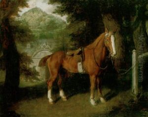 A Saddled Chesnut Hunter Tethered To A Post, The Entrance To Stables Beyond by Thomas Beach
