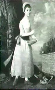 Portrait Of A Young Girl, Said To Be Miss Wordsworth, Feeding Pigeons Outside A Walled Garden by Thomas Beach