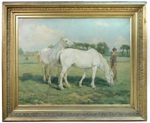 A Horseman Leading Two Grey Cobs In A Meadow by James Prinsep Barnes Beadle