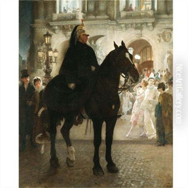Masquerade Outside The Grand Opera House, Paris, In Carnival Time, Maskers Coming Out From A Ball From The Inside - view 1