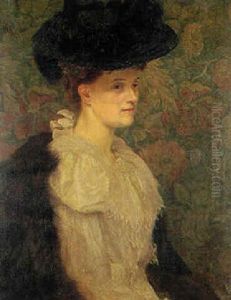 Portrait Of Mrs. Sybil Leyland With Feathered Hat, Seated Before A Floral Screen by James Prinsep Barnes Beadle