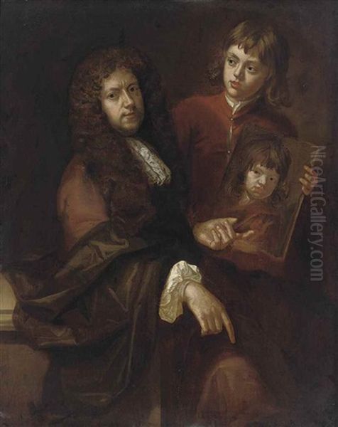 Double Portrait Of A Gentleman And A Young Boy, Possibly The Artist's Husband Charles Beale (1631-1705) And One Of Their Sons, Three-quarter-length, The Former Seated In An Orange Coat With A Brown Wrap Beside A Ledge, The Latter Standing In A Red Coat, H - view 1