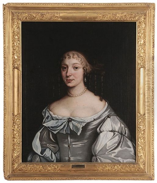 Portrait Of A Woman Wearing At Blue And White Satin Gown - view 1