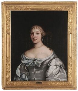 Portrait Of A Woman Wearing At Blue And White Satin Gown