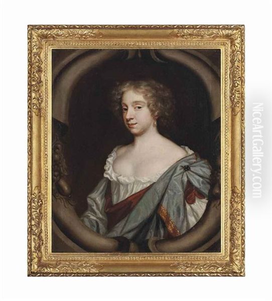 Portrait Of A Lady, Half-length, In A White Dress With A Blue And Crimson Wrap, Painted In A Cartouche - view 1
