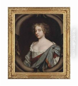 Portrait Of A Lady, Half-length, In A White Dress With A Blue And Crimson Wrap, Painted In A Cartouche