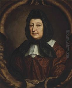 Portrait Of Lady Kingsmill (d.1682), Half-length, In A Red Coat And Black Headdress, In A Sculpted Cartouche