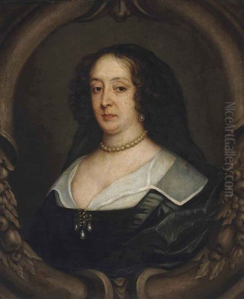 Portrait Of Lady Fanshawe (1625-1680), Bust-length, In A Black Dress And White Collar, Wearing Pearls, In A Sculpted Cartouche - view 1