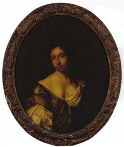 Portrait Of A Lady, Bust-length With Long Dark Hair Wearing A Pale Green And Cream Silk Dress