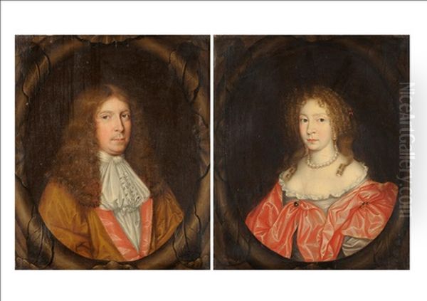 Portrait Of A Fashionable Lady, Wearing A Gray Satin Dress, With Red Silk Accessories And Pearl Necklace (+ Portrait Of A Gentleman, Wearing A Yellow Silk Coat, Cream Shirt And Lace Cravat And Powdered Wig; Pair) - view 1