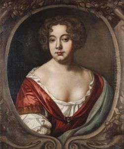 Portrait Of A Lady, Bust-length, In A Red Dress With A White Chemise, In A Painted Stone Cartouche