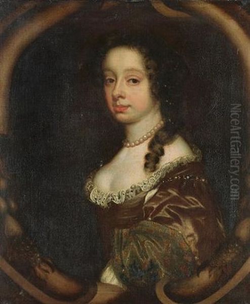 Portrait Of A Woman In A Crimson, Lace-trimmed Dress, With A Pearl Necklace - view 1