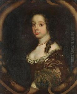 Portrait Of A Woman In A Crimson, Lace-trimmed Dress, With A Pearl Necklace