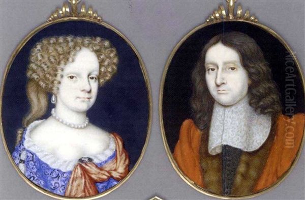 A Gentleman In Fur-bordered Red Coat, Embroidered Black Coat And Large Lace Collar, Shoulder-length Brown Hair (+ A Lady In Lace-bordered Gold-embroidered Blue Dress With Slashed Sleeves; 2 Works) - view 1