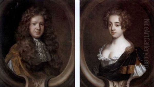 Portrait Of Richard Beavis Of Clyst House, Farringdon, Devon, In A White Chemise, White Lace Cravat And Gold Robe (+ Portrait Of His Wife, Margaret, Daughter Of Sir John Davis; Pair) - view 1