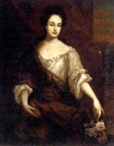 Portrait Of A Lady Wearing A White And Red Dress, Her Left Hand Holding Some Flowers By A Ledge, A Red Curtain And Landscape Beyond by Mary Beale