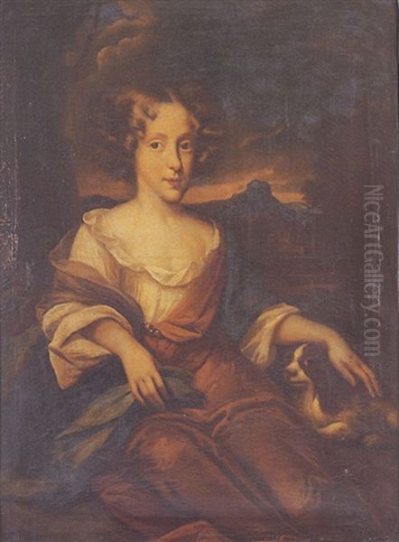 Portrait Of A Young Lady, Seated, In A Red Dress, With A Spaniel - view 1