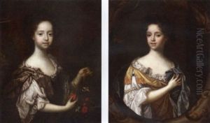 Portrait Of A Girl Wearing A White And Purple Dress, Holding Red Peonies by Mary Beale